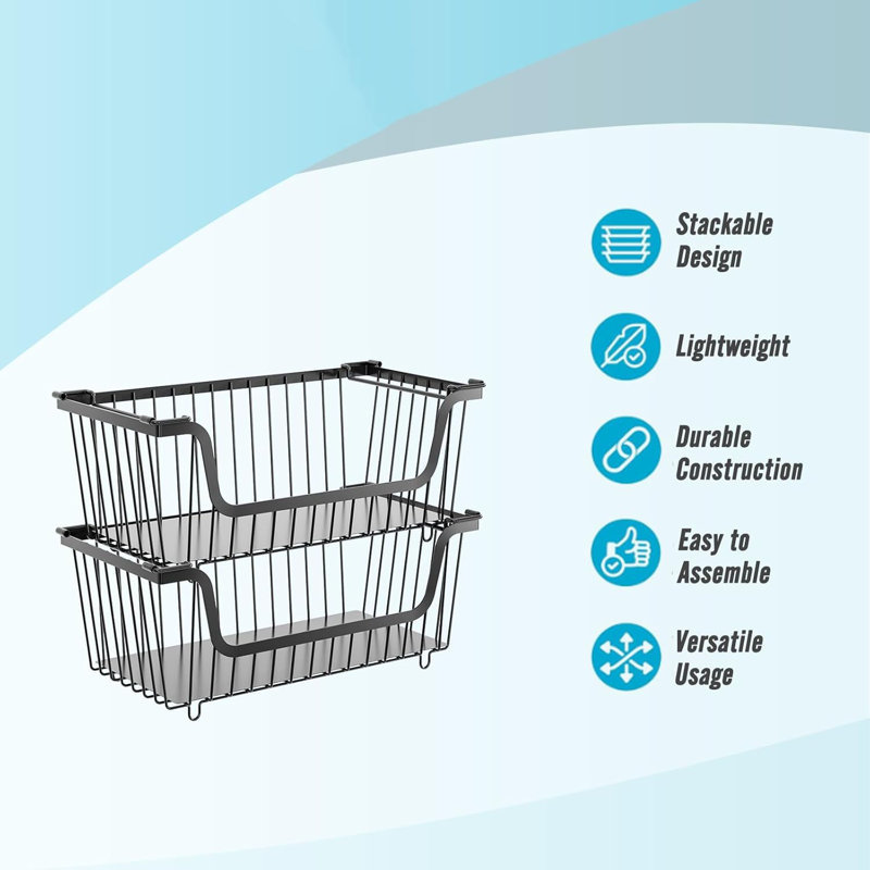 4 Pcs Stackable Wire Storage Baskets - Black Metal Organizers for Pantry/Countertop, Produce Potato Onion Fruit Vegetable Storage Bins