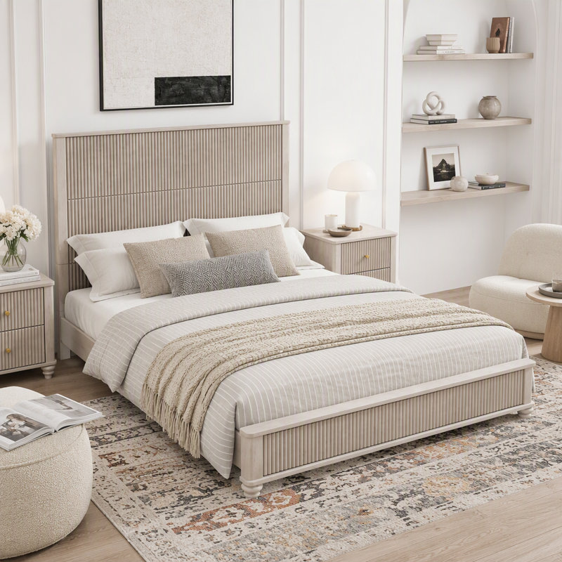 Structure de lit en bois massif avec tête de lit, Grand lit, Beige