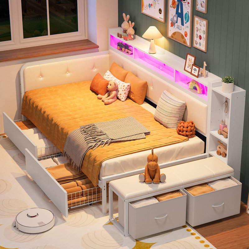 Twin Daybed With Storage Bench & 2 Drawers & Charging Station, Corner Bed Frame With  Bookcase Headboard, Platform Bedframe For Bedroom, Guest Room