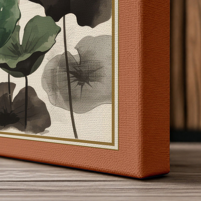 Lotus and Leaves Japandi - Wrapped Canvas, 30x20 - 76.2 x 50.8 cm, Terracotta Border