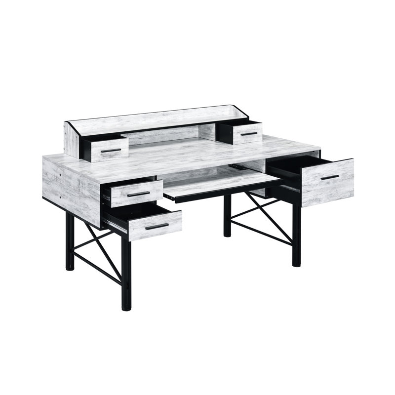 Rectangular Computer Desk With Metal Base, Antique White & Black 5 Shelf,