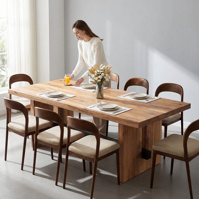 Large Rectangular Solid Wood Dining Table Set with 8 Chairs, 29.53" H x 86.61" W x 35.43" D