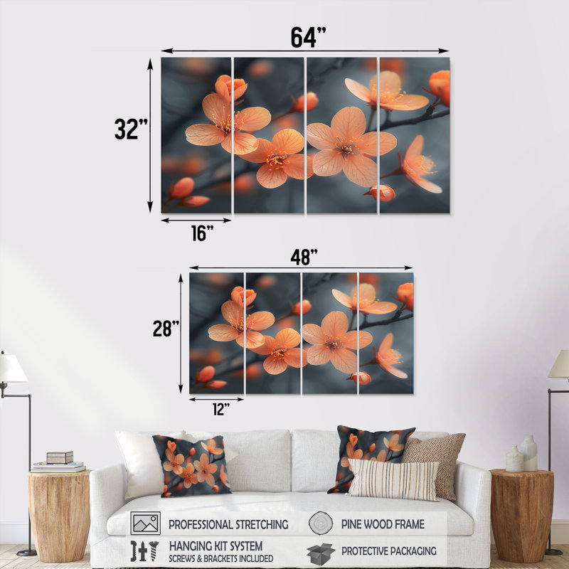 «Pastel Orange Cherry Blossom Photo», ensemble de reproduction d'art mural cerisier en fleurs, H 28 po x l 48 po