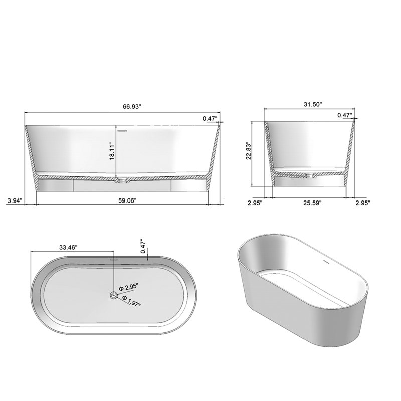 67 inch Freestanding Solid Surface Soaking Bathtub