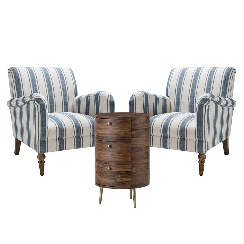Ensemble de salon 3 pièces Brunner avec fauteuils rembourrés et table de bout à 3 tiroirs Brunner, Marine