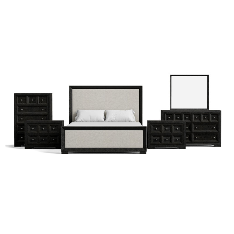 Schell 6-Piece Bedroom Set, Black, 6 Pcs: Bed, 2 Nightstands, 2 Dressers, Mirror, Queen