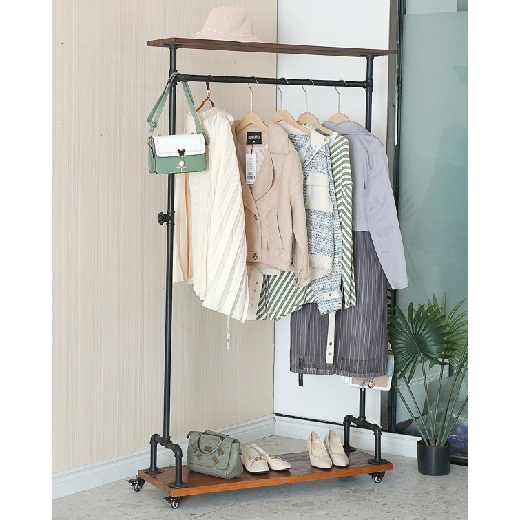 Dominus Dominus Industrial Pipe Clothing Garment Racks,Multifunctional Clothes Organizer for Hanging Clothes,Shoes,Bags,With 3 Hooks and 2 Wood Shelve