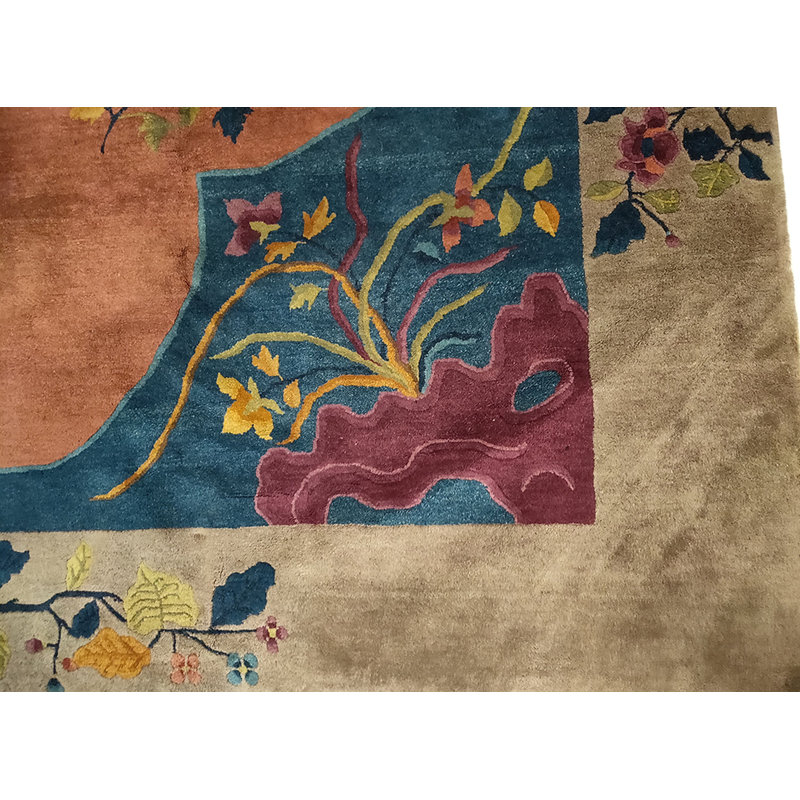 Floral Medallion Rectangle Hand Knotted Pile 1920s Antique Wool Coral / Salmon Pink Rug