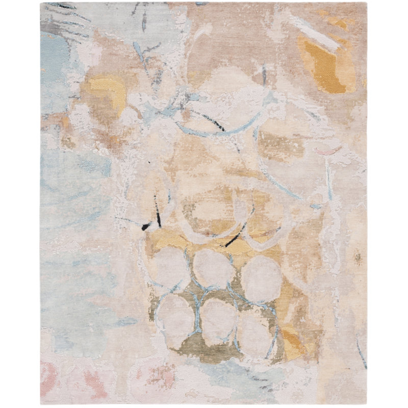 Tapis abstrait en laine / soie / coton noué à la main Lehon Tropez bleu clair / rosé, Rectangle 6 pi x 9 pi