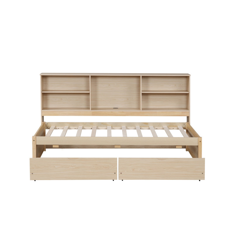 Lit de jour simple avec tablettes latérales, 2 tiroirs, rangement pour lit naturel, coloriage intégré, Naturel