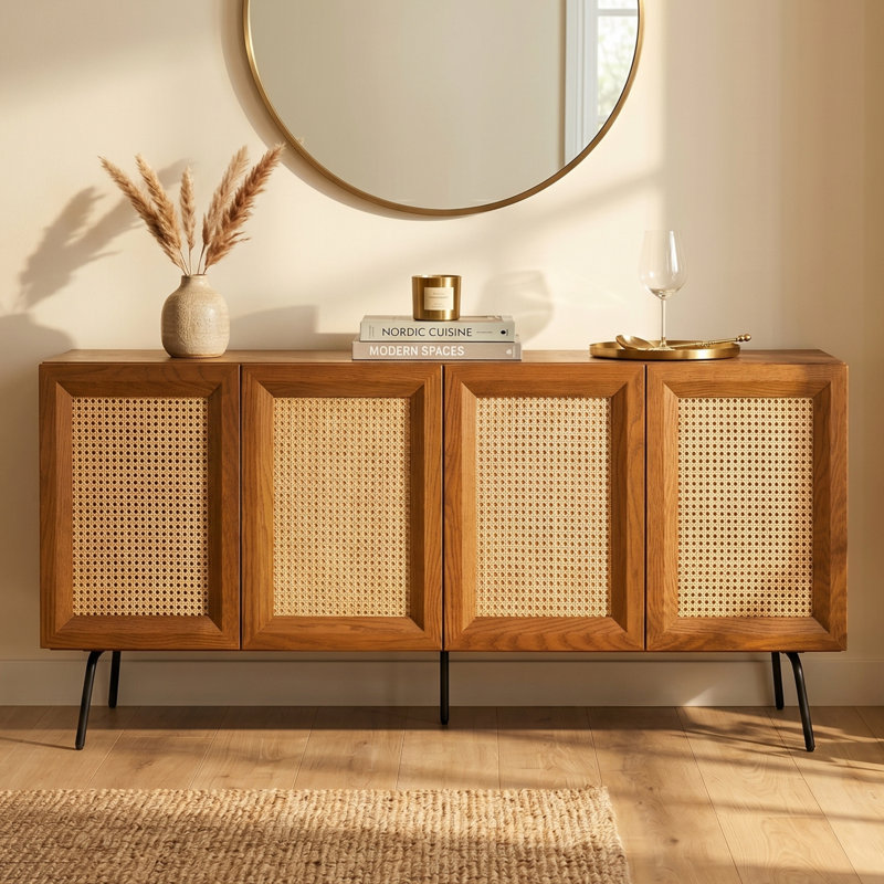  NTC Mossic Sideboard 3 - 4 Doors Natural Rattan Storage Cabinet, Buffet with Metal Legs, Boho Accent Cabinet for Living Room, Dining Room, and Entryway, Effortless Assembly