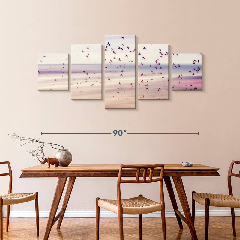 Oiseaux et ciel abstrait, H 42 po x l 92 po