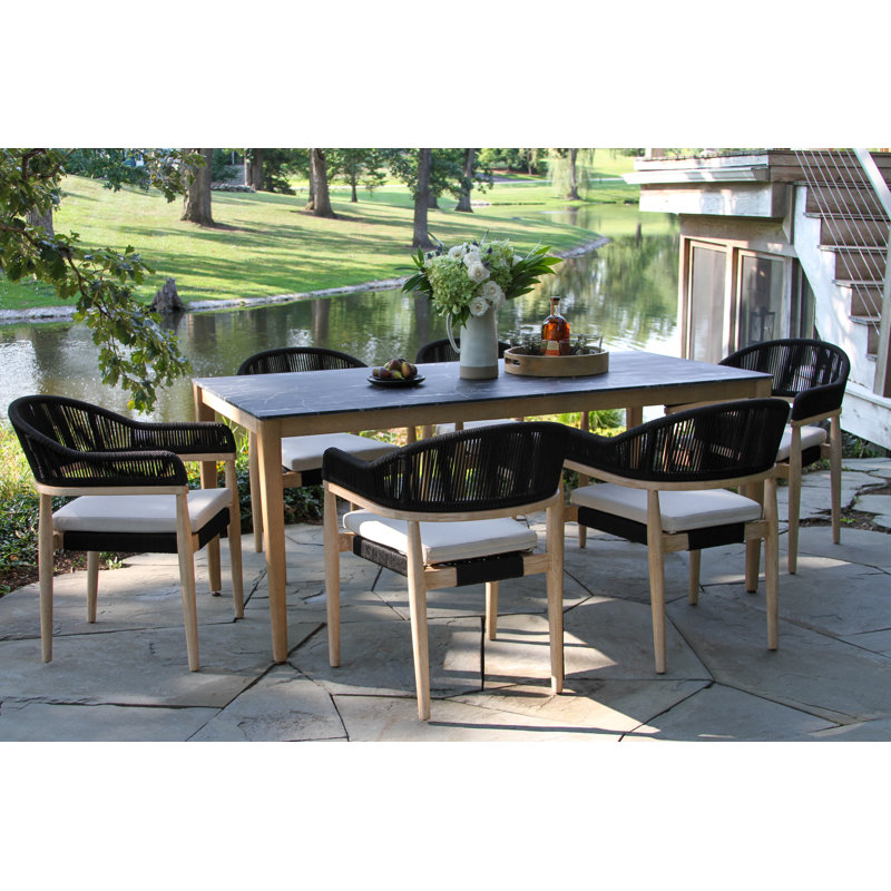 Posey 7 Pc. Marble Composite Dining Table With Wheat Wicker Chairs, Black