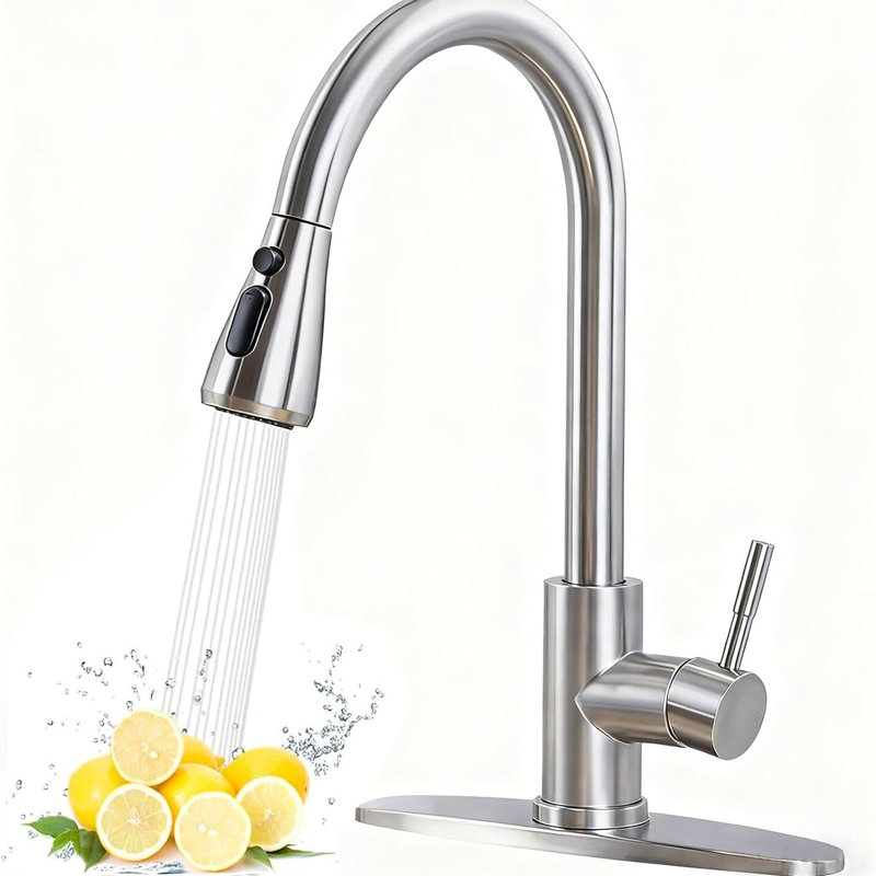 Robinet de cuisine avec douchette extractible, acier inoxydable, nickel brossé | Robinet d'évier de cuisine à poignée simple Classic à grande arche, plaque de pont pour 1 ou 3 trous, convient au bar de camping-car Farmhouse