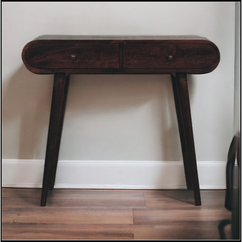 Console en bois massif noyer clair à bord courbé, 2 tiroirs, pieds nordiques, brun foncé
