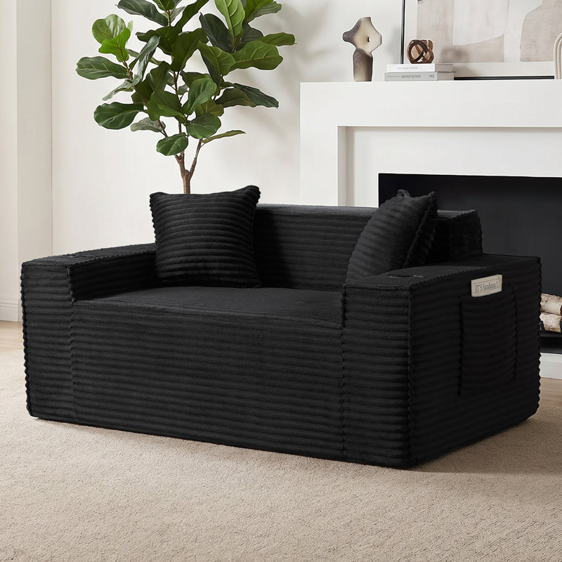 61'' W Boneless Bean Bag Sofa Loveseat Faux Fur Upholstered Floor Sofa With Pillows&Cup Holders&Side Pocket, Black