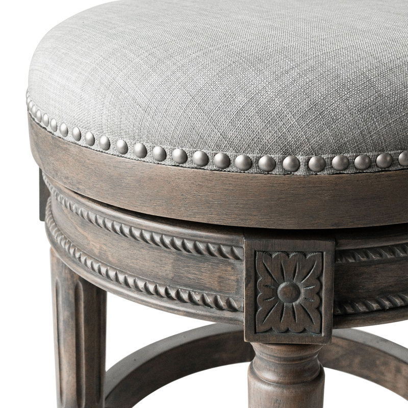 Alabaster White Swivel Backless Bar Stool with Hand-Carved Wood