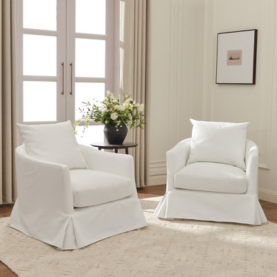 32" Wide Down Fill Upholstered Slipcovered Swivel Barrel Armchair Set of 2