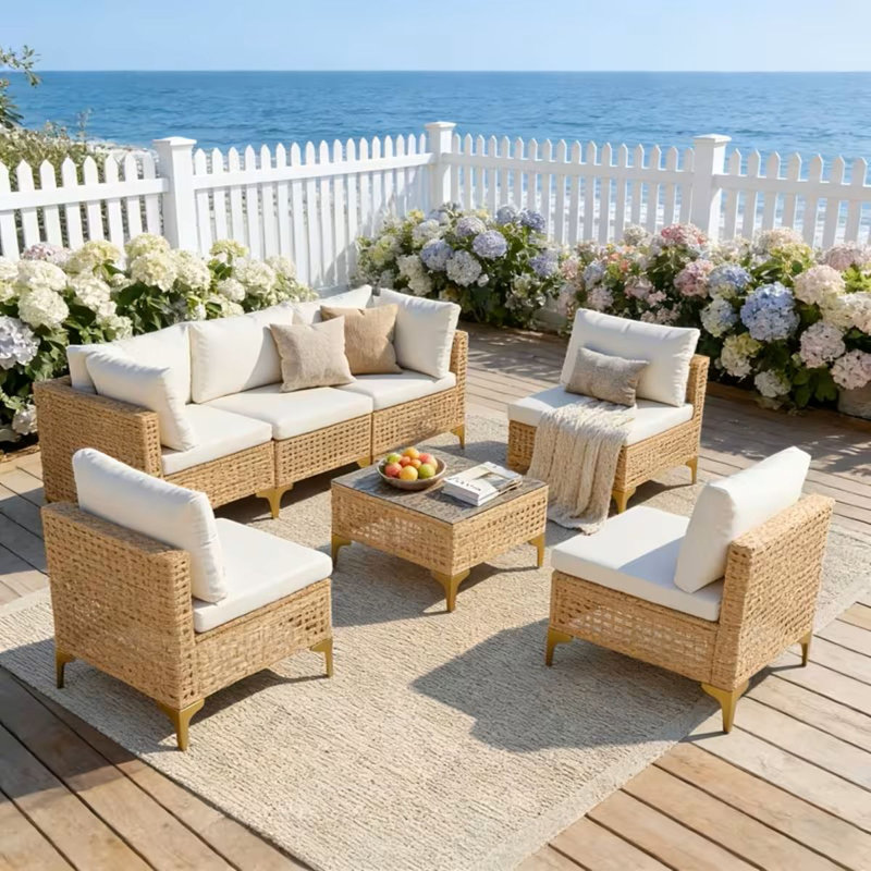 Ensemble de mobilier d'extérieur en osier 7 pièces, canapé modulaire en rotin, ensemble de canapé de patio avec coussin, table basse trempée