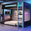 Lit simple superposé en bois avec bureau, deux tablettes de rangement, charge USB et lumière DEL, noir et bleu-668938376-668938388