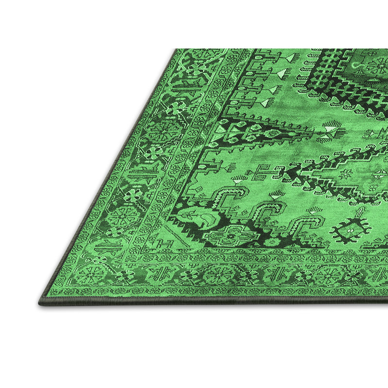 Tapis oriental en laine / polyester tissé à la machine en vert / gris / noir, Rectangle 5 pi x 7 pi