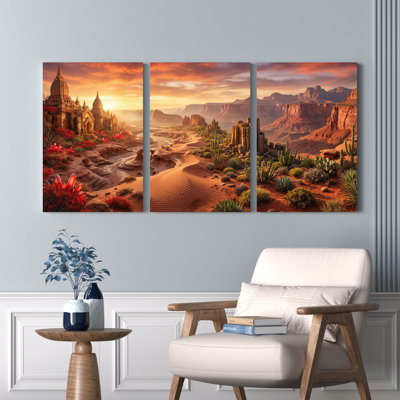 Desert Cathedral Sunset Landscape Canvas Wrapped Wall Art Oil Painting Print Set Of 3