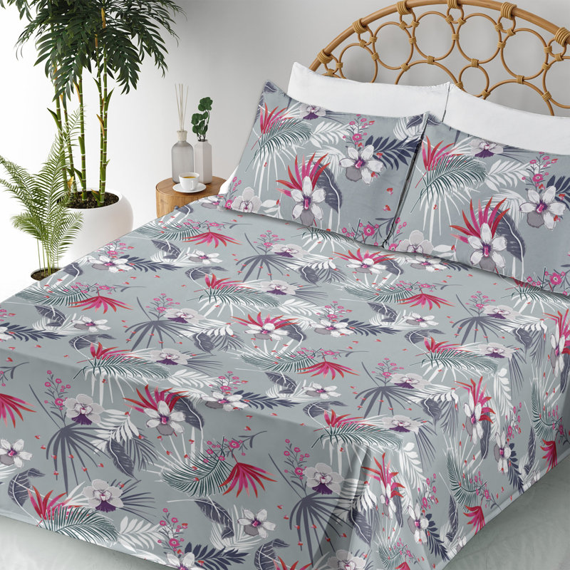 Ambesonne Watercolor Botany Sheet Set 4 Pcs Retro Boho Bloom, Queen Sheet Set with 2 Pillowcases, Dark Coral Pale Gray Floral