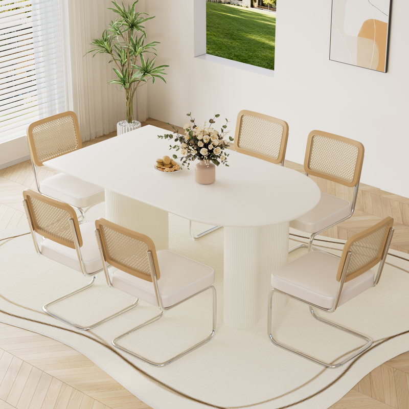 Ensemble de salle à manger à piédestal moderne avec chaises en velours, 7, Beige/Argenté