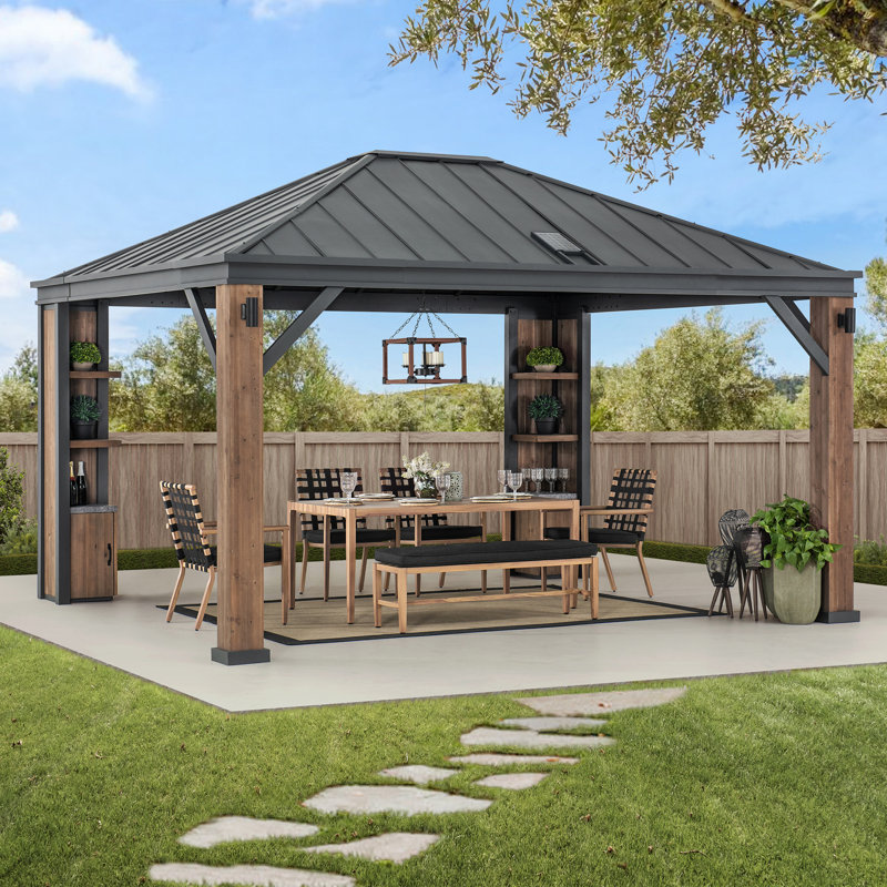 Sunjoy 12 x 14 ft Cedar Wood and Steel Hardtop Gazebo with LED Lighting and Bluetooth Sound