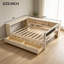 Lit plateforme en bois pleine grandeur avec tablettes de rangement, tiroirs, station de charge et tête de lit tapissier, crème