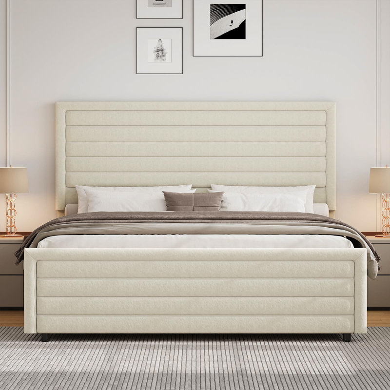 Ensemble de lit plateforme en velours avec 2 tables de chevet Farmhouse, Crème / Blanc, Grand lit