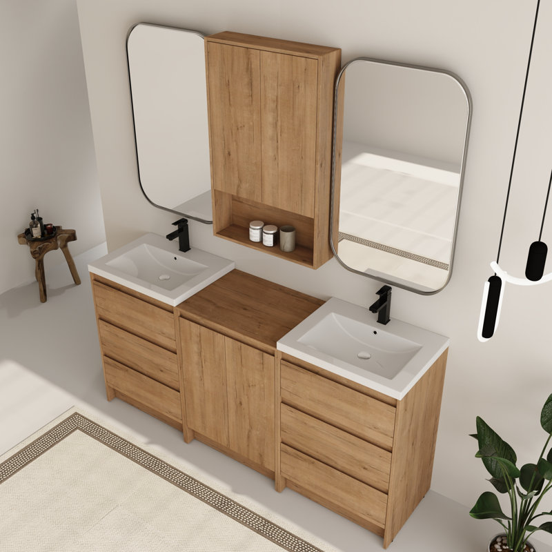 Ensemble de meuble-lavabo double 72 po avec comptoir en résine et armoire murale de 24 po, 72"