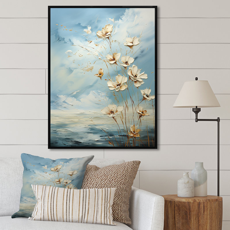 Encre liquide blanche et bleue III - Fleurs, art mural, Cadre flottant noir, H 20 po x l 12 po