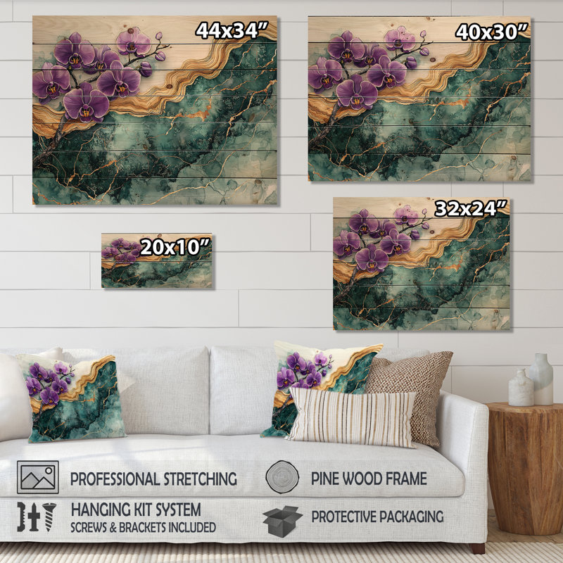 Fleurs d'orchidées lavande sur géode émeraude IV - reproduction d'orchidée sur bois de pin naturel