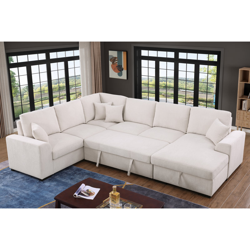 Canapé-lit modulaire en forme de U de 132 po en chenille avec lit coulissant, méridienne de rangement, console avec porte-gobelet rabattable et ports de charge USB Type-C
