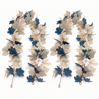 Artificial Maple Leaf Garland, 5.7FT Vintage Dusty Blue & Cream Fall Foliage Vine, 2 Pack Flexible Fabric Autumn Maple Swag for Mantel, Stair Railing, Wedding Arch and Farmhouse Home Decor