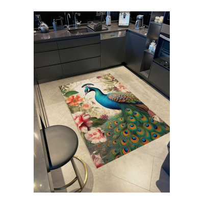 Multi Color Peacock Pattern Woven Base Modern Decorative Machine Washable Area Rug