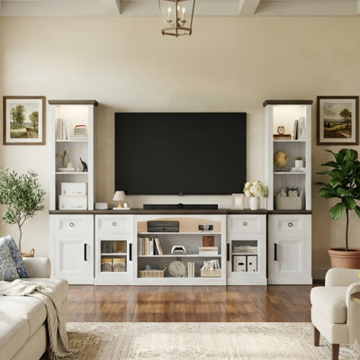 Jonathan Farmhouse 3-piece Entertainment Center With Tv Stand & 2 Bookshelves,  3-piece Wall Unit For Tvs Up To 75", Adjustable Shelves, Transparent Doors & Motion Sensor Led Lighting