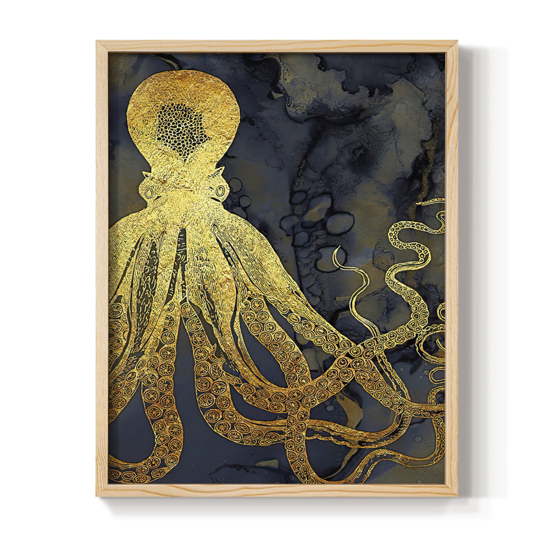 Encre de pieuvre dorée et bleue I, reproduction encadrée - bois massif, H 30 po x l 24 po
