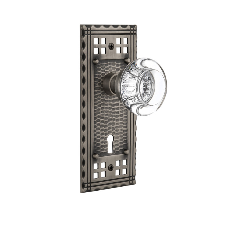 Crystal Round Interior Mortise Door Knob with Craftsman Long Plate, Antique Pewter