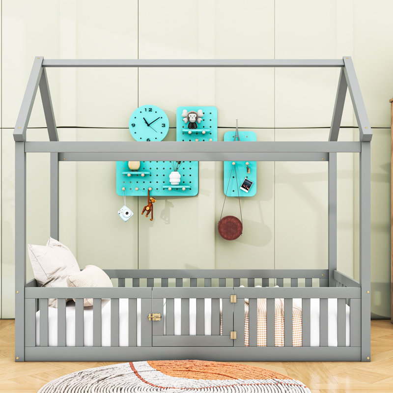 Isakson Wood House Bed with Fence and Door, Gray, Twin