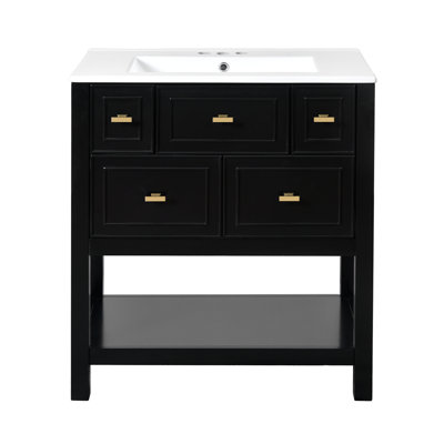 Ensemble de meuble-lavabo simple 30 po avec 5 tiroirs, meuble-lavabo autoportant avec cadre en bois massif 30 po
