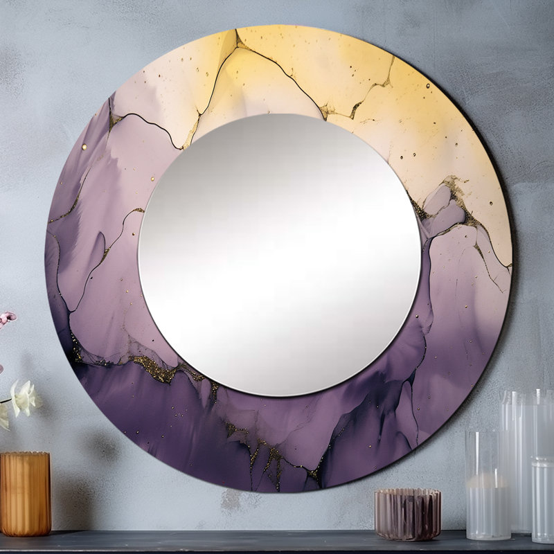 Sandis Purple and Gold Marble Ink Clouds IV - Fractals Unique Wall Mirror, Purple Round Mirror, Printed Metal Art, 29" x 29"