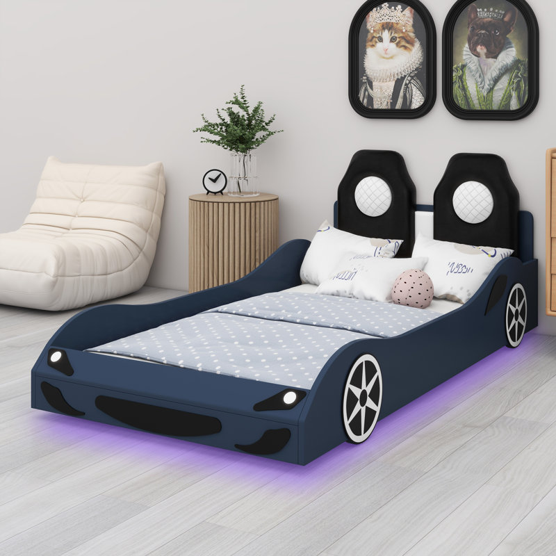 Lit de voiture avec éclairage à DEL intégré et tête de lit rembourrée, Bleu