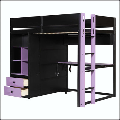 Full Wooden Gaming Loft Bed with Desk and Storage