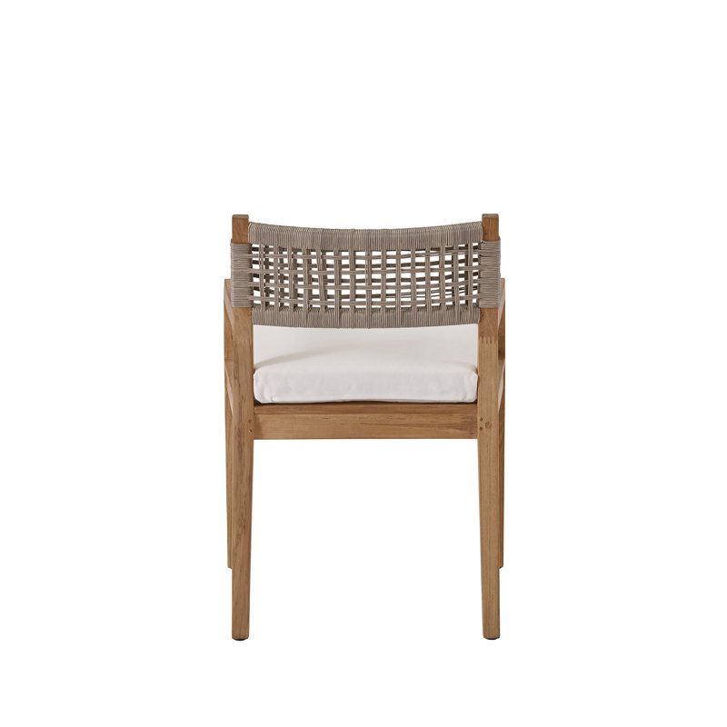 Teak Outdoor Dining Chair with White Cushions and Wicker Back