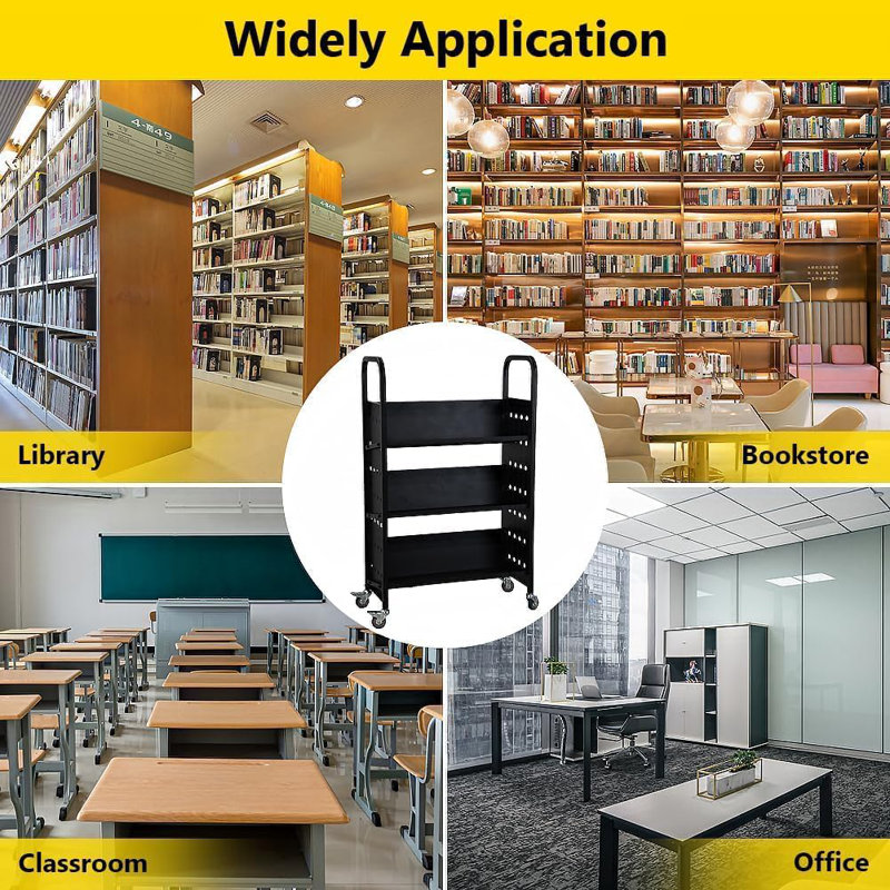 Library Cart, Rolling Book Cart With 4 Inch Lockable Wheels
