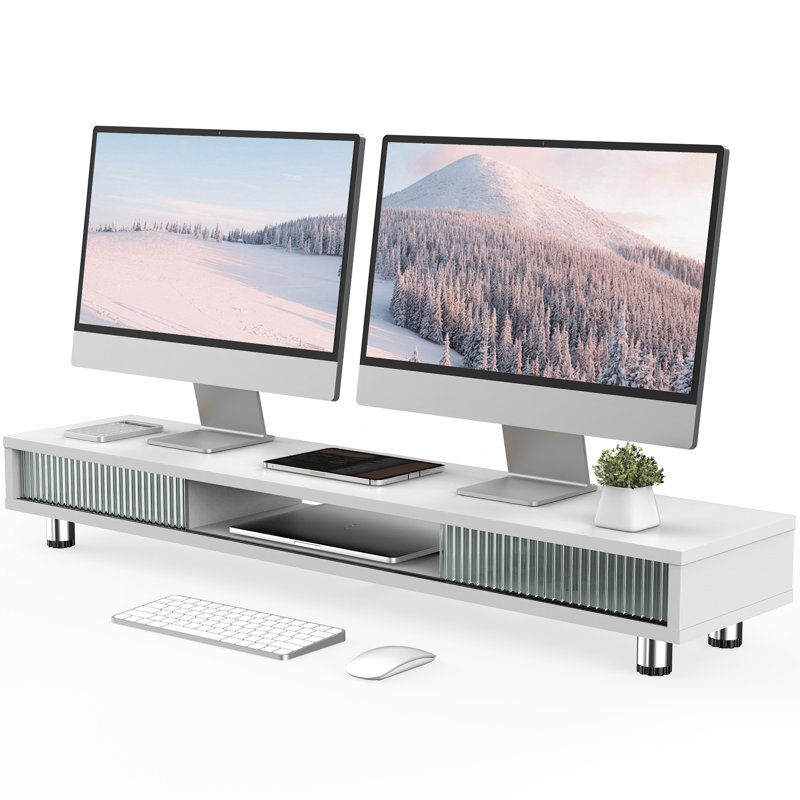 Long Monitor Stands Riser for 2 Monitors with Sliding Door, White