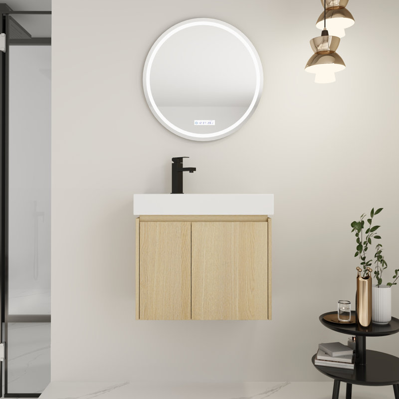 Meuble-lavabo mural 24 po avec lavabo en céramique et portes doubles, Naturel