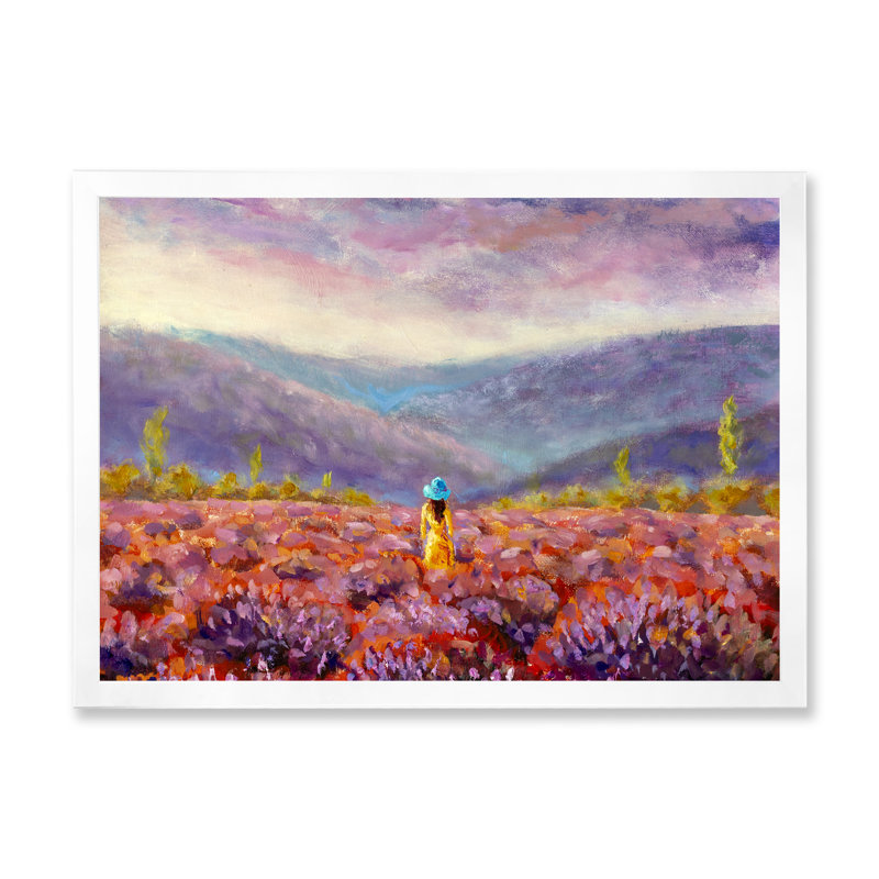 " Woman In Yellow Dress And Hat Walking Through Fields " Painting Print, 24" H x 32" W x 1" D, White Picture Frame